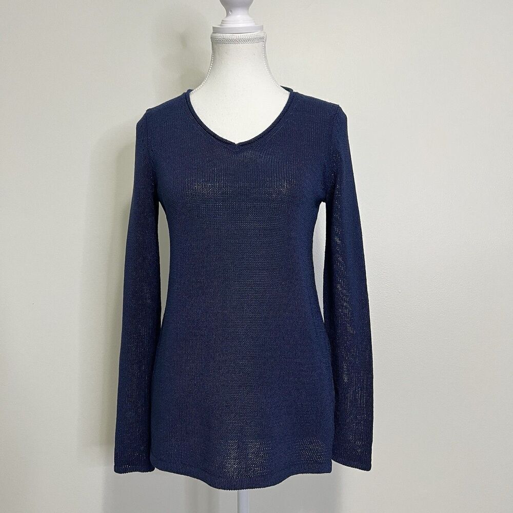 J McLaughlin V-neck Knit Tunic Top Size XS Navy Blue Cotton Blend Pullover